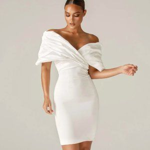 MARIBEL CREPE RUFFLE SHOULDER DRESS